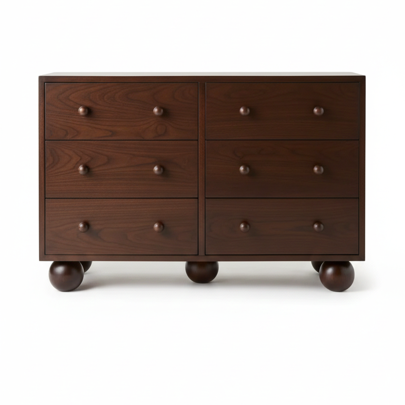 Wooden dresser with six drawers and round legs a white background