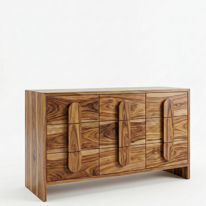 Wooden dresser with unique design on a white background