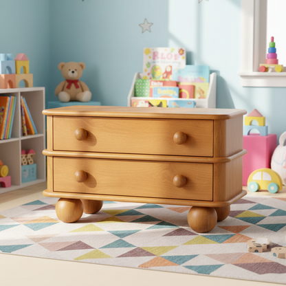 Wooden dresser with unique legs in a child's room with toys and books.