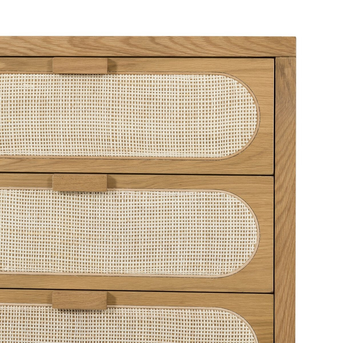 Wooden dresser with woven design on the doors against a white background