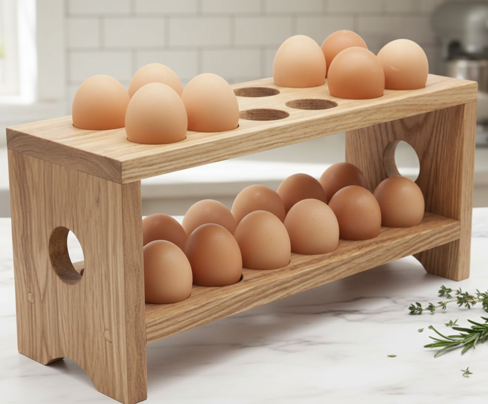 Wooden egg holder with eggs on a kitchen counter