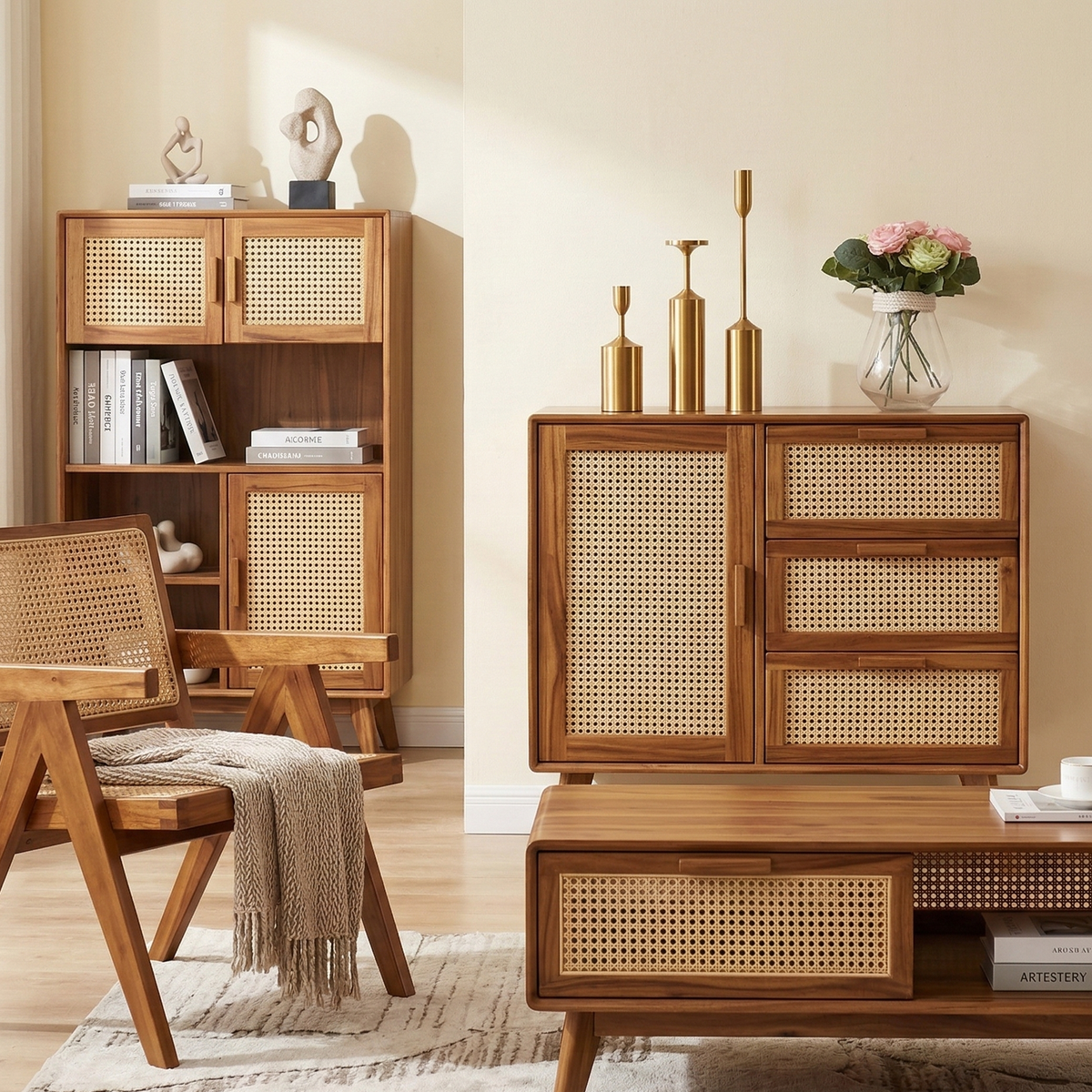 Wooden furniture set with bookshelf, chair, and cabinet in a room setting.