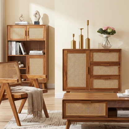 Wooden furniture set with bookshelf, chair, and cabinet in a room setting.