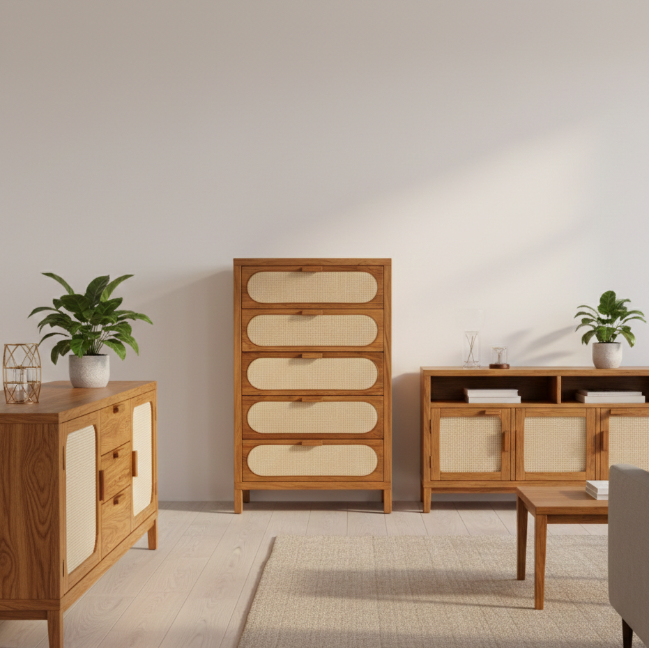 Wooden furniture set with drawers and cabinets in a room setting.