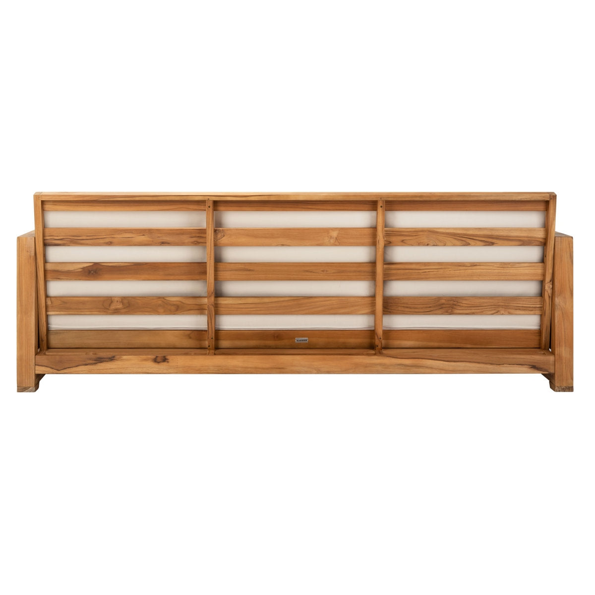 Wooden headboard with slatted design on a white background
