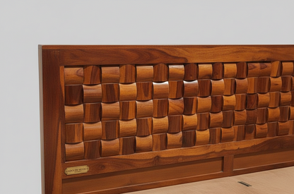 Wooden headboard with woven pattern on a plain background