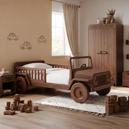 Wooden jeep-shaped bed in a child's bedroom with toys and furniture.