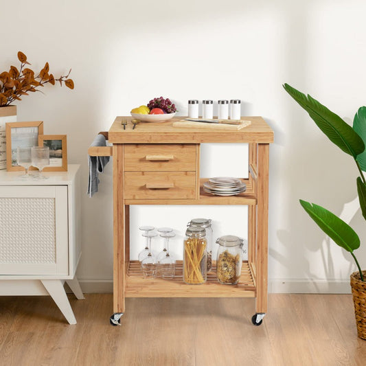 Wooden kitchen cart with shelves and drawers in a room setting.