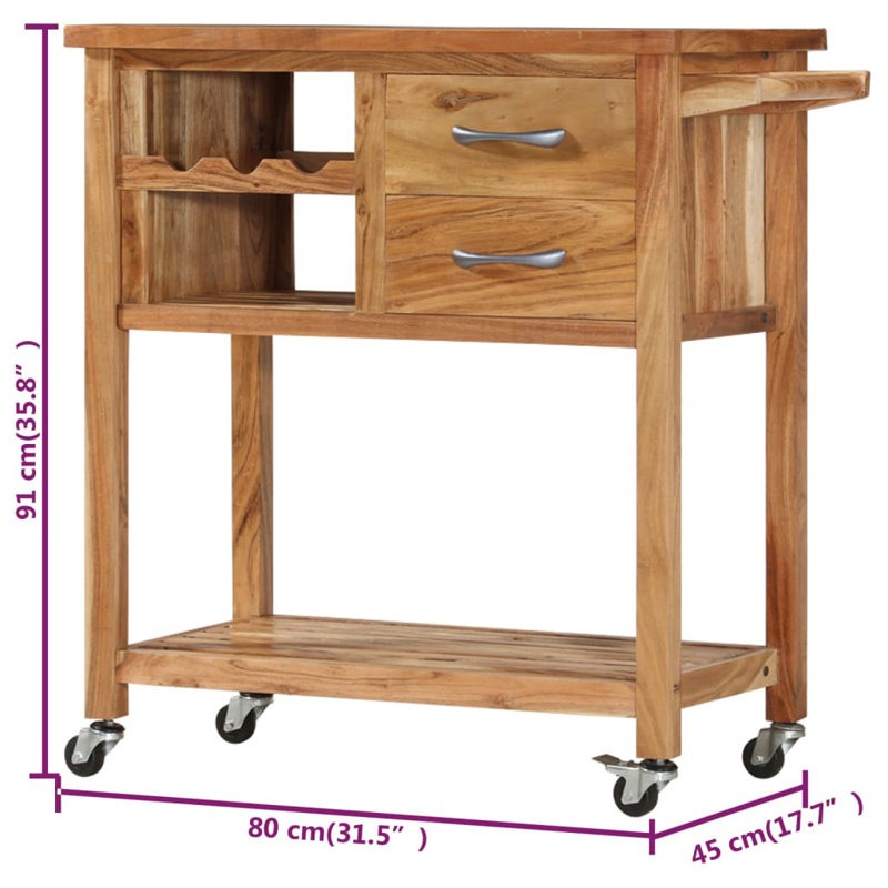 Wooden kitchen cart with wheels and measurements on a white background