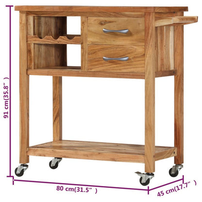 Wooden kitchen cart with wheels and measurements on a white background