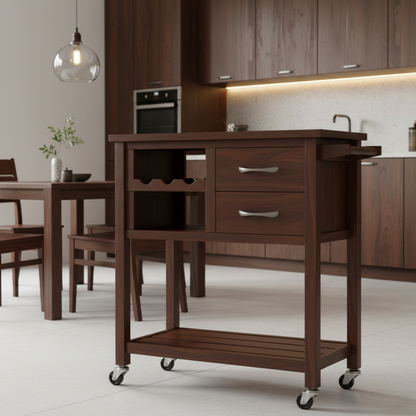 Wooden kitchen island cart in a modern kitchen setting with wooden cabinets and appliances.