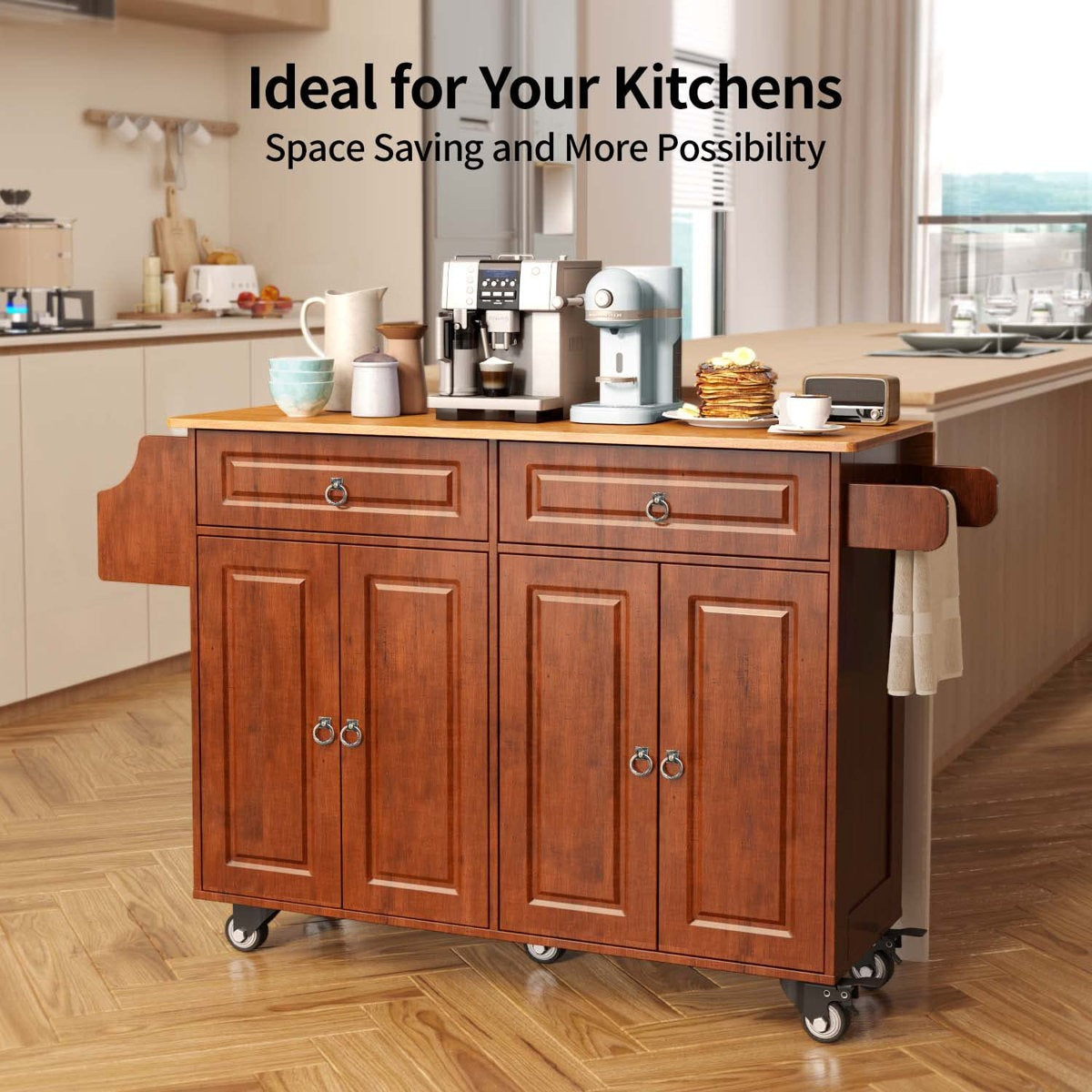 Wooden kitchen island cart with storage drawers and cabinets in a kitchen setting.