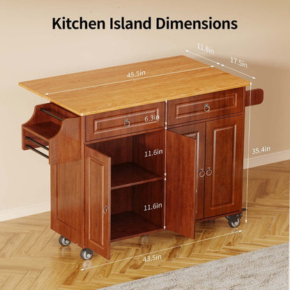 Wooden kitchen island with dimensions labeled on a clear background