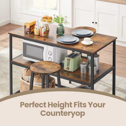 Wooden kitchen island with shelves, microwave, toaster, and other kitchen items in a home setting.