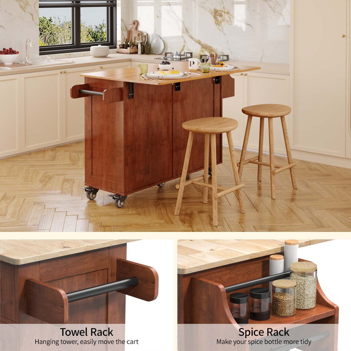 Wooden kitchen island with stools and additional features like a towel rack and spice rack in a kitchen setting.