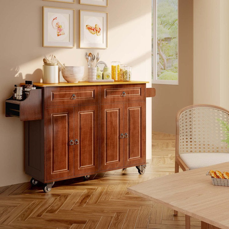 Wooden kitchen island with storage drawers in a home setting