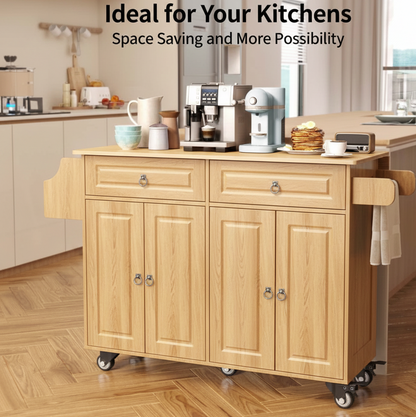 Wooden kitchen island with storage drawers and cabinets in a modern kitchen setting.