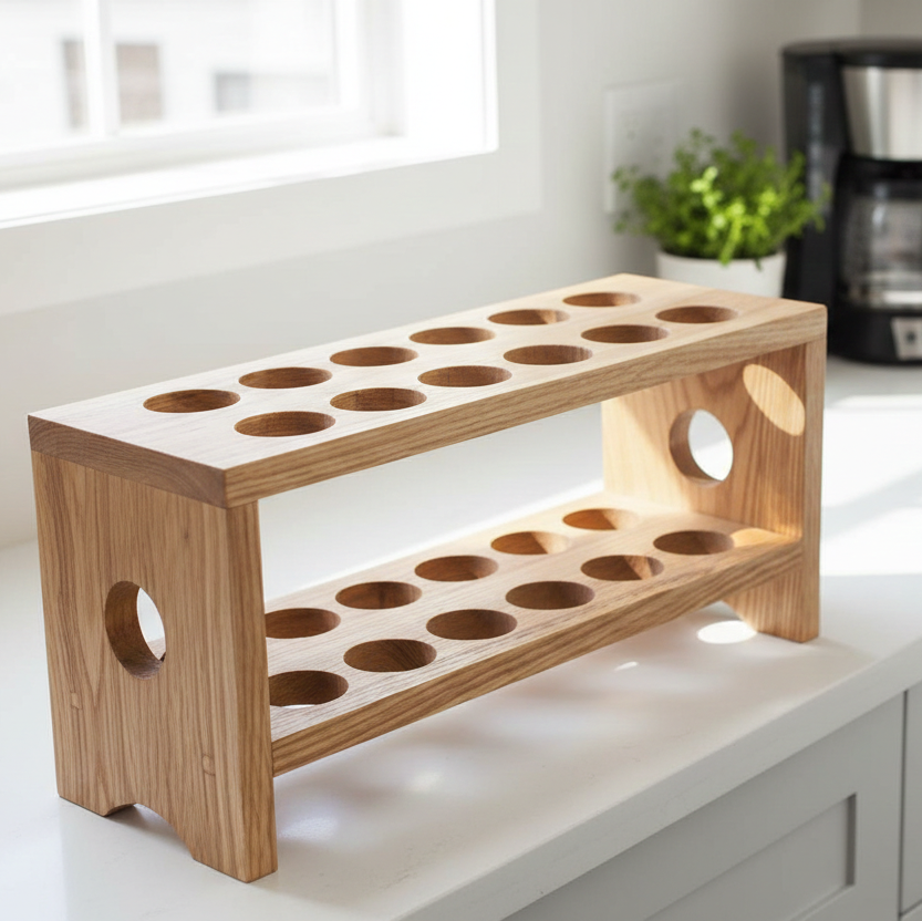 Wooden kitchen rack with multiple compartments on a countertop.