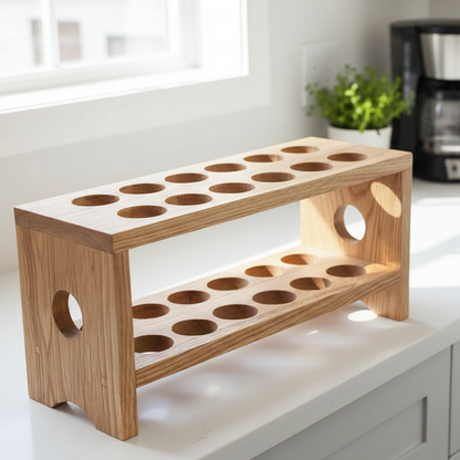 Wooden kitchen rack with multiple compartments on a countertop.