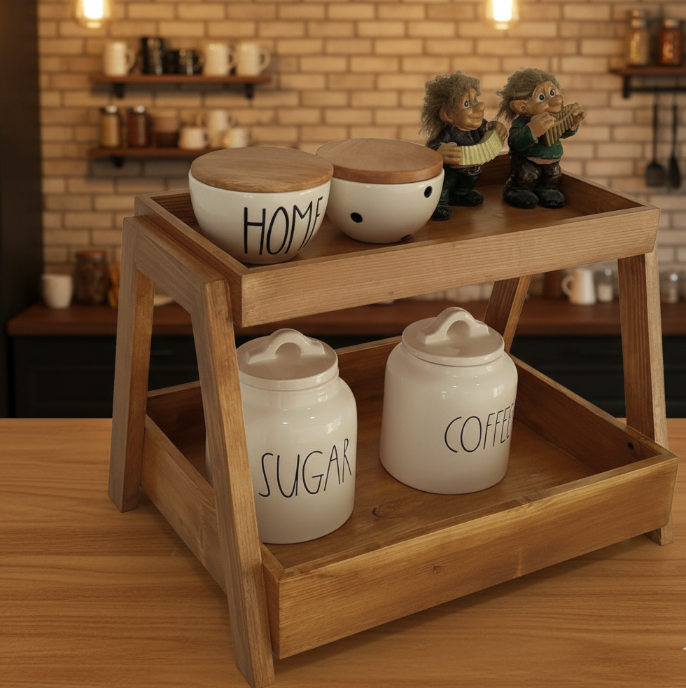 Wooden kitchen shelf with ceramic jars labeled 'Home', 'Sugar', and 'Coffee' in a kitchen setting.