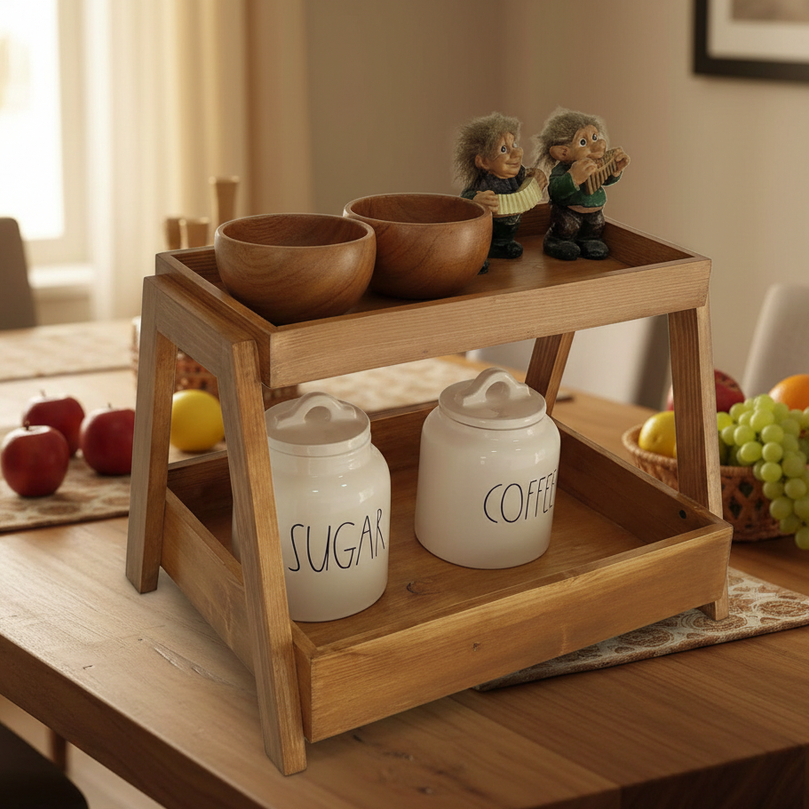 Wooden tray with bowls, jars labeled 'Sugar' and 'Coffee', and small figurines on a table.