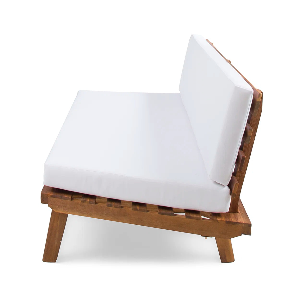 Wooden lounge chair with white cushions on a white background