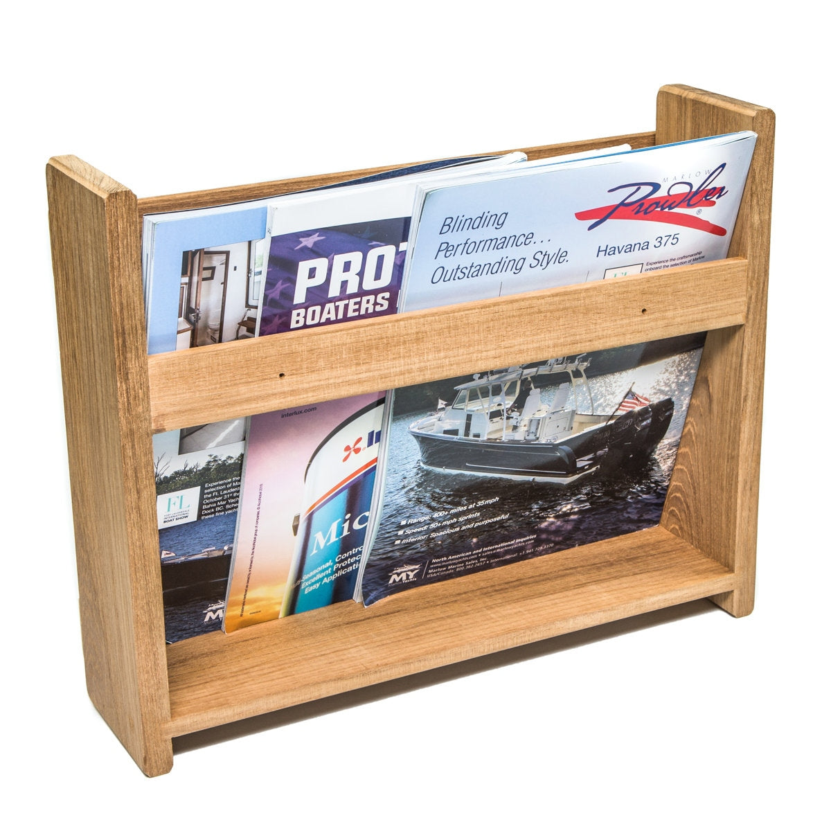 Wooden magazine rack with brochures featuring boat images and text.