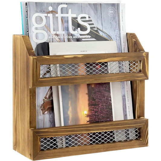 Wooden magazine rack with metal mesh shelves holding books and a photo album.