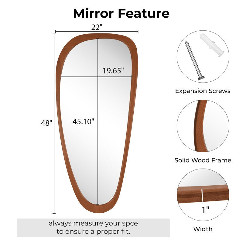 Wooden mirror with measurements and features on a white background