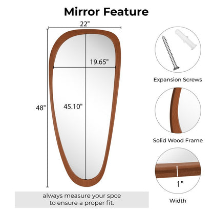 Wooden mirror with measurements and features on a white background