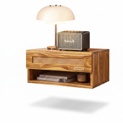 Wooden nightstand with lamp and Marshall speaker on a white background