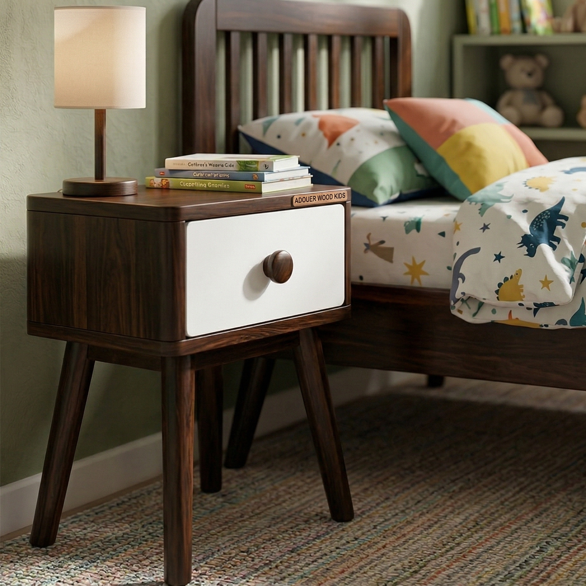 Wooden nightstand with a white drawer next to a bed with colorful bedding.
