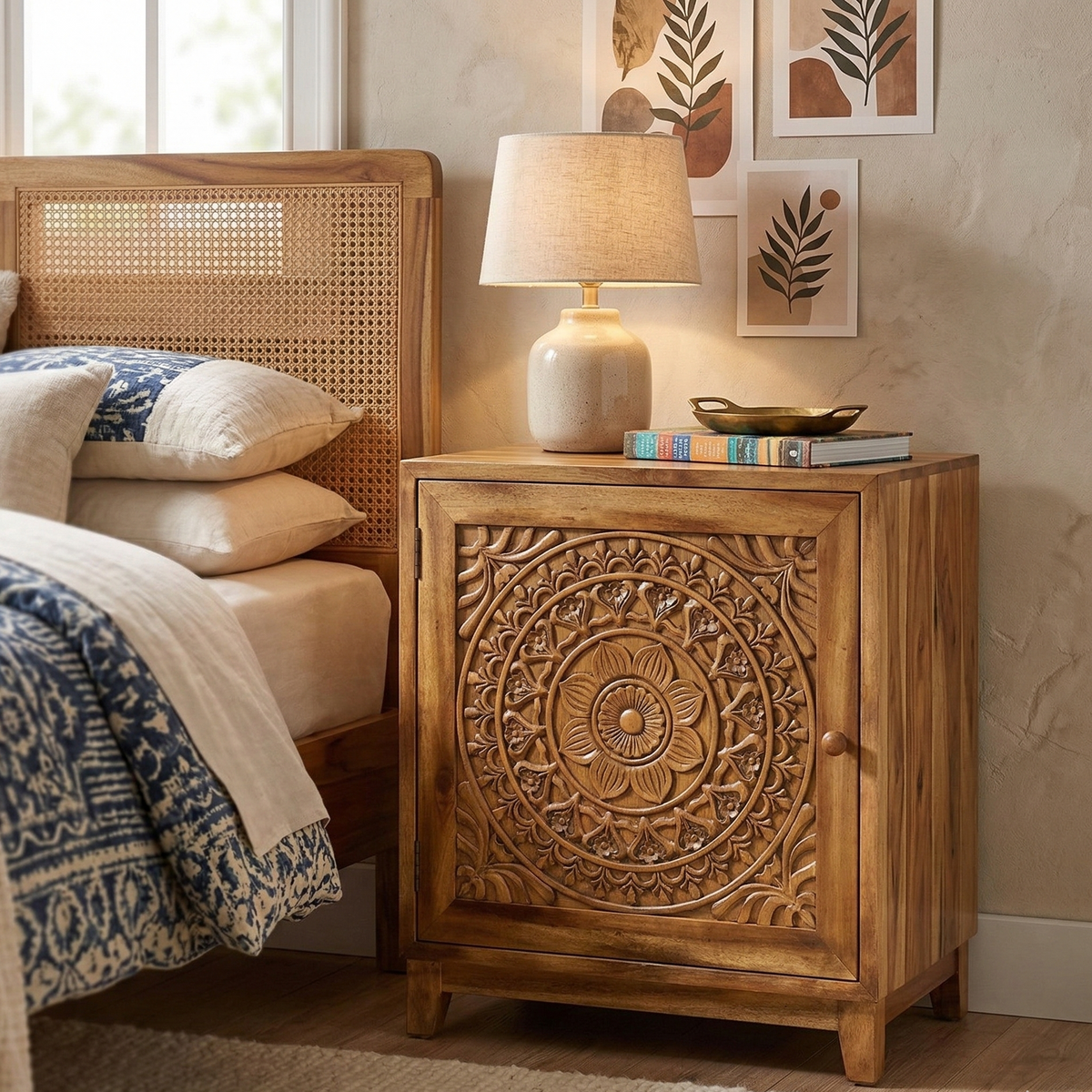 Wooden nightstand with decorative carvings next to a bed with a wicker headboard.