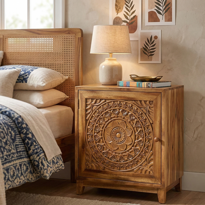 Wooden nightstand with decorative carvings next to a bed with a wicker headboard.