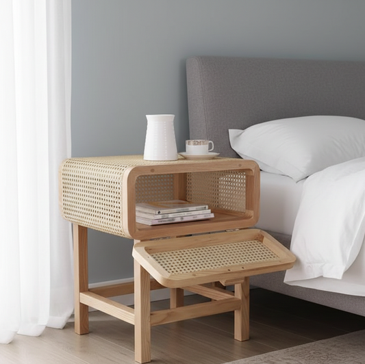 Wooden nightstand with woven design next to a bed with white bedding.