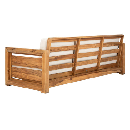Wooden outdoor bench with white cushions on a white background
