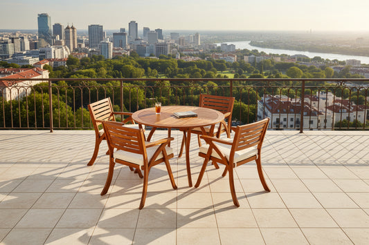 Wooden outdoor furniture set on a balcony with a cityscape view.