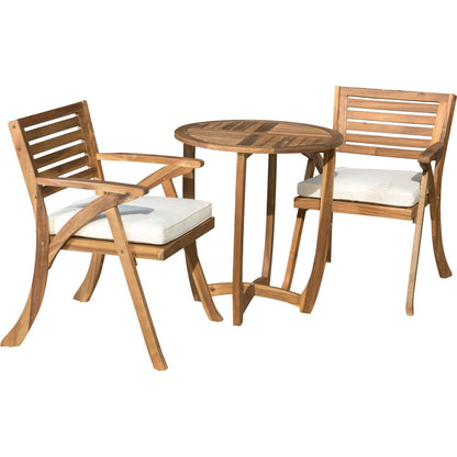 Wooden outdoor furniture set with two chairs and a round table on a white background