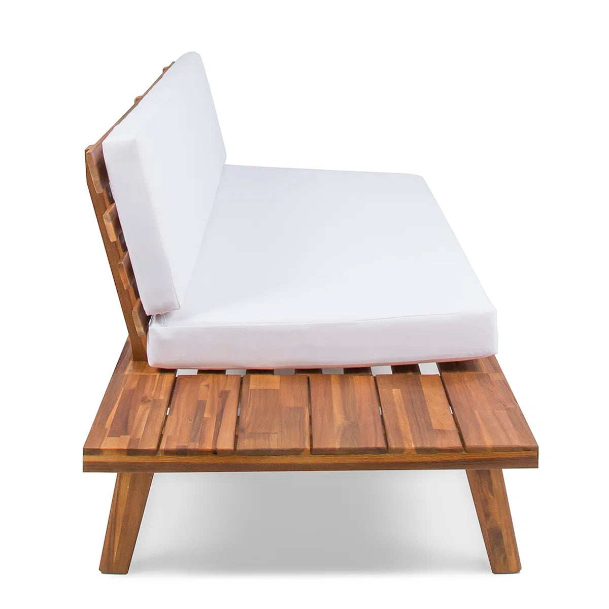Wooden outdoor lounge chair with white cushions on a white background