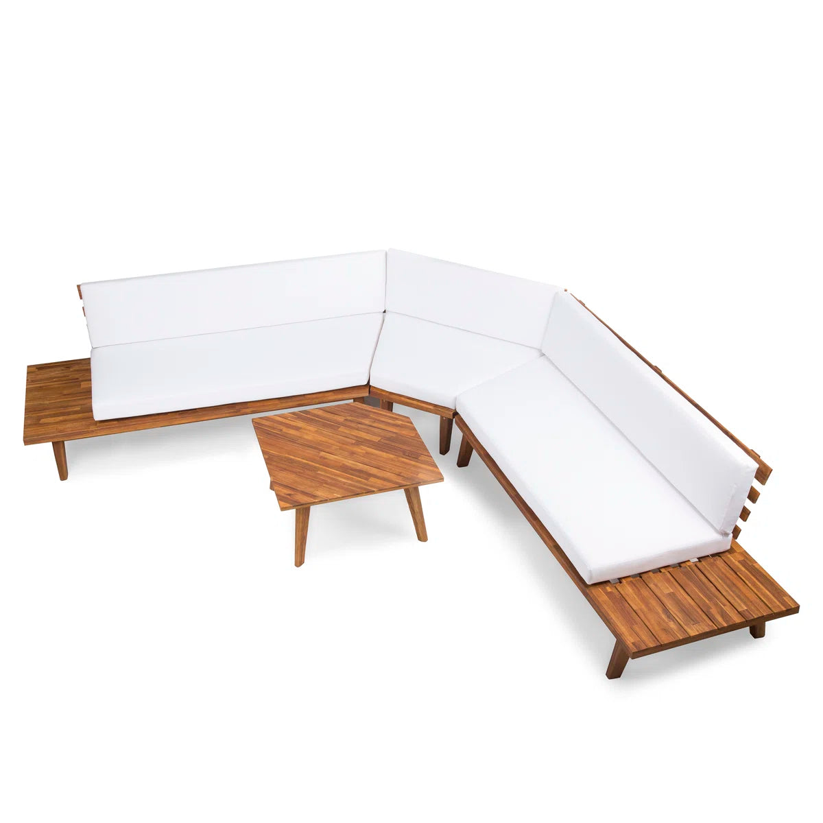 Wooden outdoor sectional with white cushions on a white background