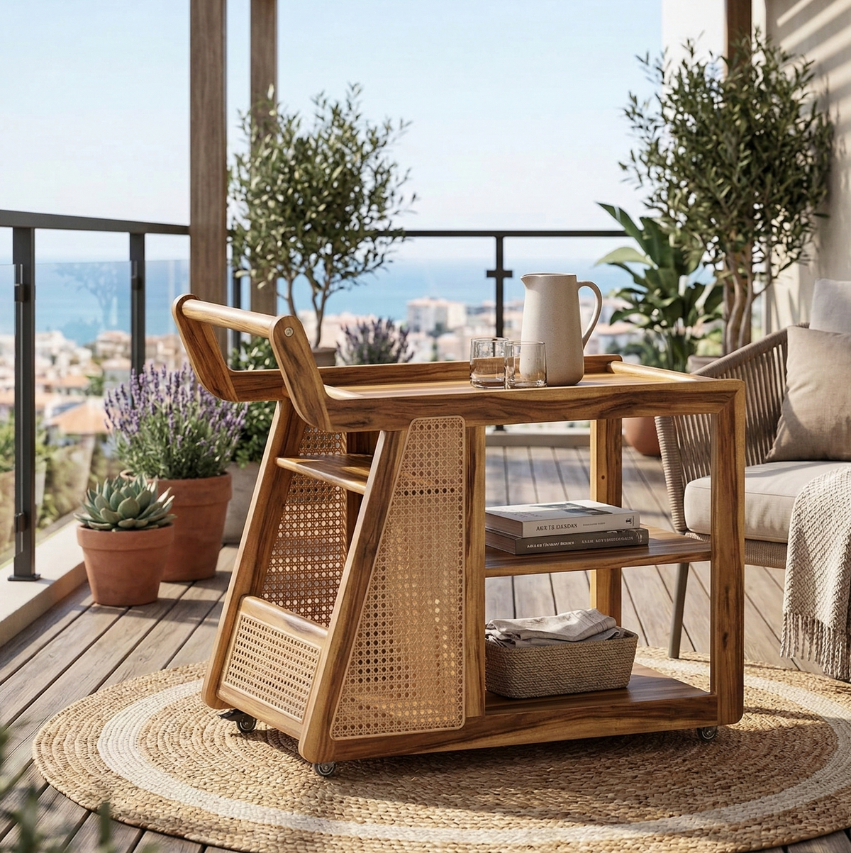Wooden outdoor serving cart with a view of a balcony and cityscape.