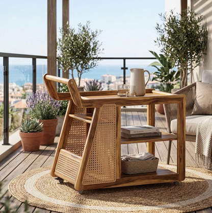 Wooden outdoor serving cart with a view of a balcony and cityscape.