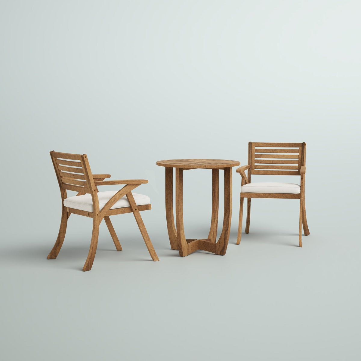 Wooden outdoor table with two matching chairs on a light gray background