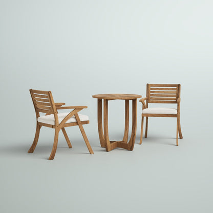 Wooden outdoor table with two matching chairs on a light gray background