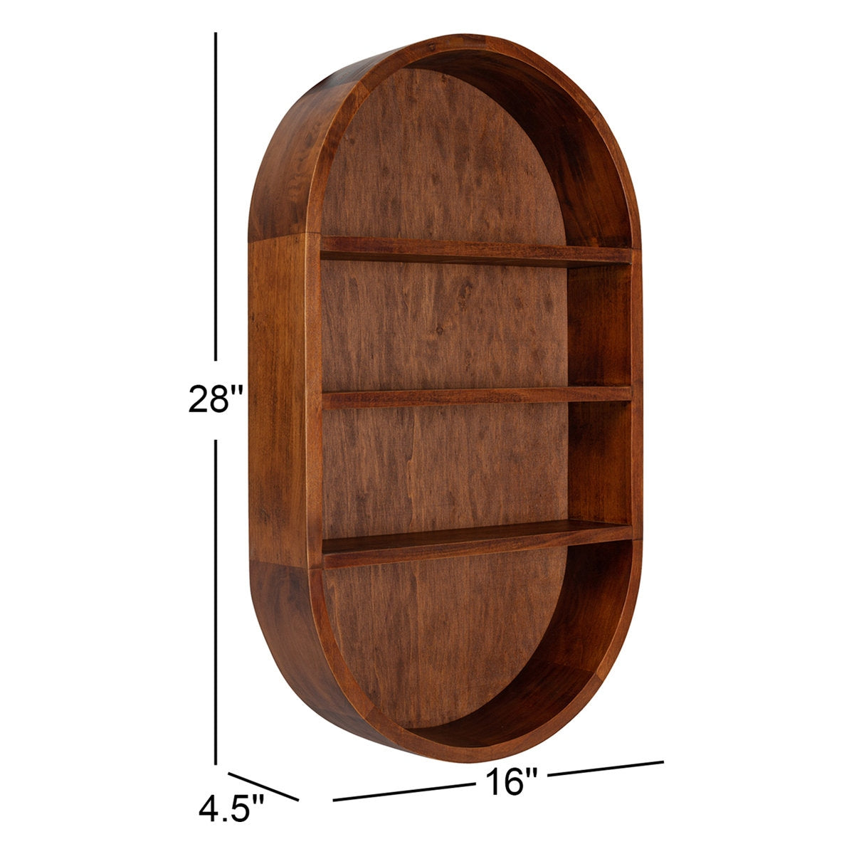 Wooden oval shelf with dimensions on a white background