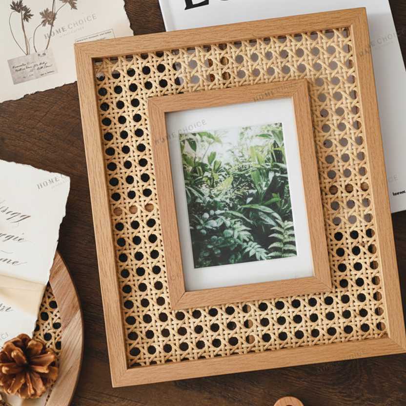 Wooden photo frame with decorative lattice design on a surface with papers and a plant.