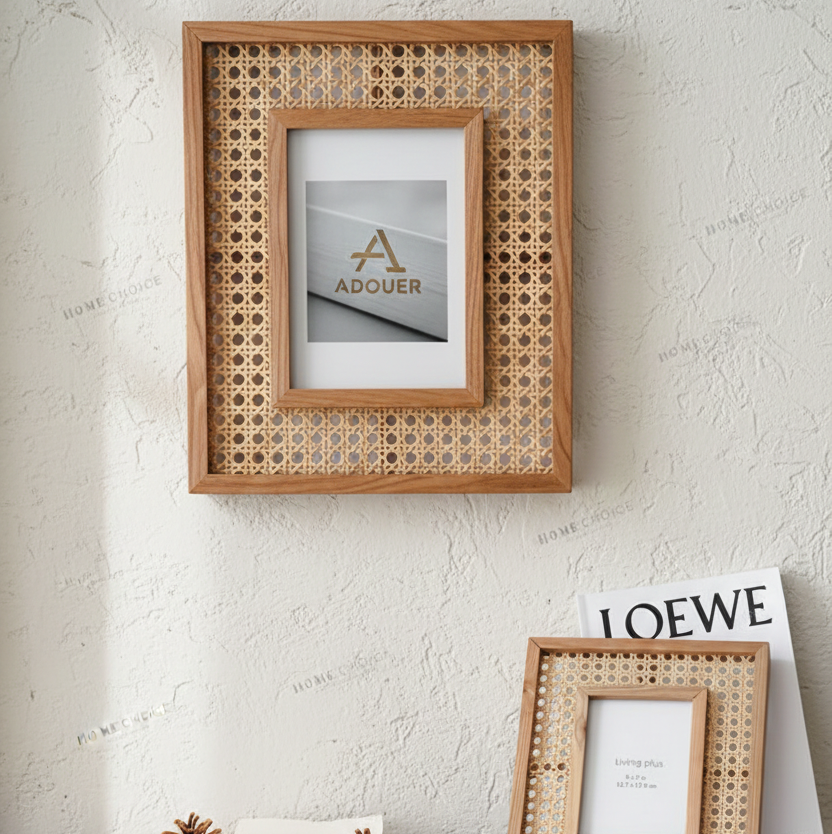 Wooden photo frame with decorative lattice design on a textured wall.