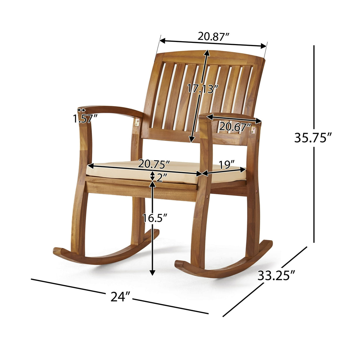 Wooden rocking chair with dimensions labeled on a white background