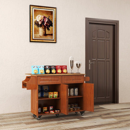 Wooden serving cart with products in a room with a door and wall art.