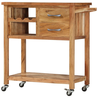 Wooden serving cart with wheels on a white background
